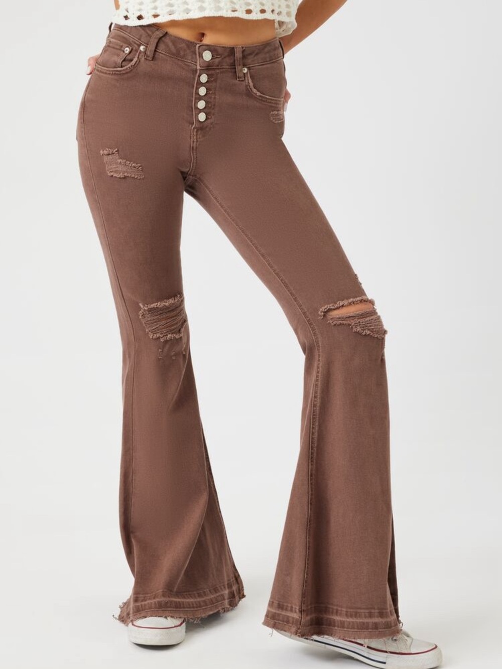 NWOT Forever 21 Cotton Distressed Flare Jeans High Rise Button Fly Brown Sz 27
